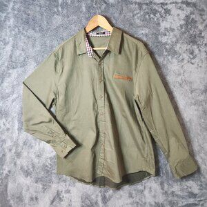 Coofandy Mens Army Green Button Up Long Sleeve Shirt XL Faux Leather Pocket EUC